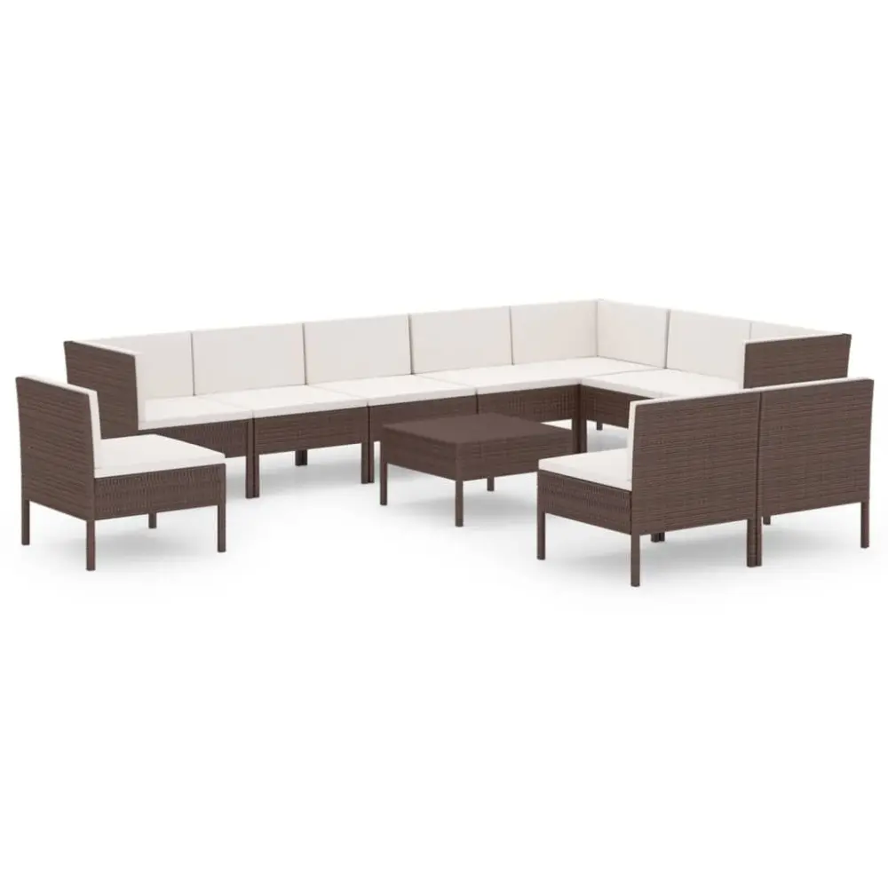 11 Piece Patio Lounge Set Cushions Poly Rattan Brown Outdoor Sectional